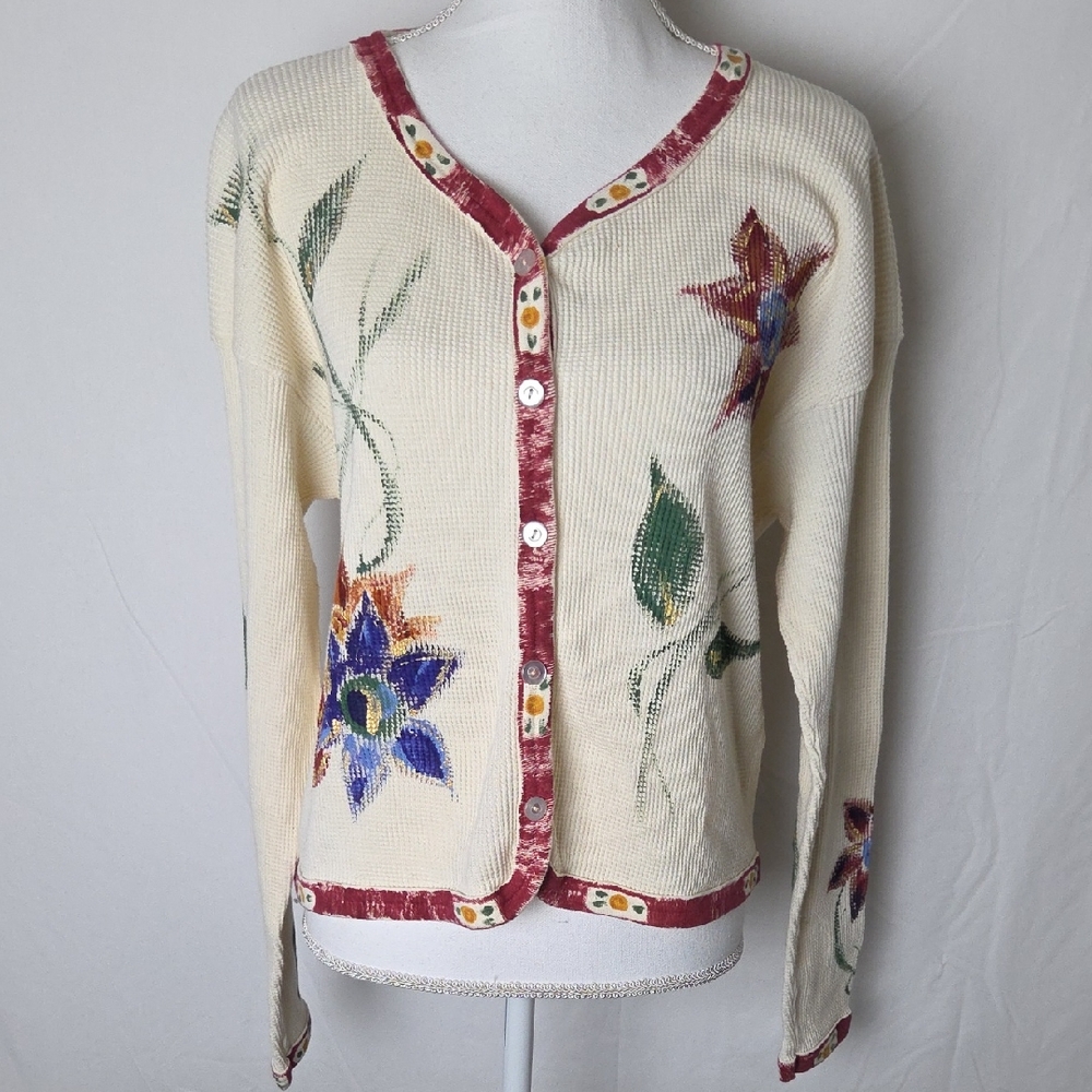 Handpainted Campers Floral Cream Red Accents Button Waffle knit Top Women"s M/L